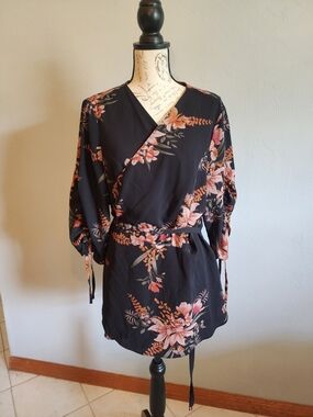 City Chic Black Floral Wrap Tunic with Peach Blooms